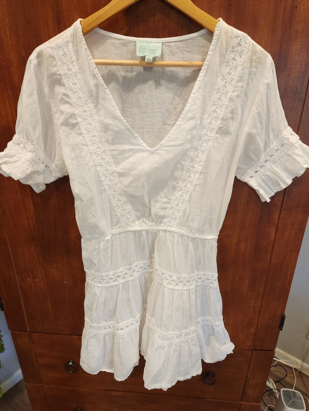 100% Cotton Tunic Top Dress Lace Trim V-Neck Vacation Wear Resort Sz S Flutter